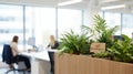 Blurred background of modern office with green plants in focus. Royalty Free Stock Photo