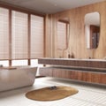 Blurred background, modern wooden bathroom. Freestanding bathtub, washbasin with mirror and marble tiles floor. Minimal japandi