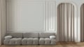 Blurred background, neoclassic living room, molded walls with copy space, template. Arched door with curtain and parquet floor. Royalty Free Stock Photo