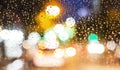 Blurred background. Night city lights blur. Road view through car window with rain drops, Driving in rain Royalty Free Stock Photo