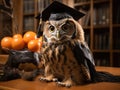 Blurred background owl wears graduation cap