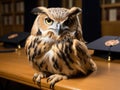 Blurred background owl wears graduation cap