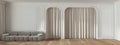Blurred background, panoramic view of classic living room with molded wall, arched doors with curtain and parquet floor. Modern Royalty Free Stock Photo