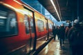 A blurred background of people at a place station or train station. Haste and lack of time