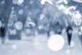 Blurred background. People walking on street decorated Christmas tree Blue color Royalty Free Stock Photo