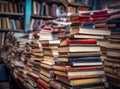 Blurred background of pile of books in the study room of high school, college, or university campus. Education or