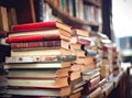 Blurred background of pile of books in the study room of high school, college, or university campus. Education or Royalty Free Stock Photo