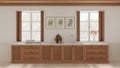 Blurred background, provencal kitchen background with wooden and rattan cabinets. Sink, and gas hob. Windows with shutters and