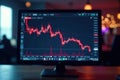 Blurred background, sharp focus on monitor displaying plummeting stock prices, stock prices, sell