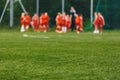 Blurred Background of Sports Team with Coach on Training Field. Soccer Summer Training Camp Royalty Free Stock Photo