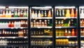 Blurred background of supermarket fridge with bottles of beverages on shelves. Glass showcase Royalty Free Stock Photo