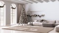 Blurred background, winter, Christmas, New Year interior design in minimal living room with parquet and vaulted ceiling. Sofa and Royalty Free Stock Photo