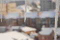Blurred background of a winter cityscape with building roofs in snow. Few of icicles in the foreground in defocus.