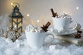 Blurred background of winter frost and Christmas chocolate spice beverage