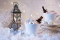 Blurred background of winter frost and Christmas chocolate spice beverage with cookies in cups