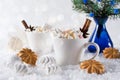 Blurred background of winter frost and Christmas chocolate spice beverage with cookies in white cups on snow