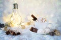 Blurred background of winter frost and Christmas chocolate spice beverage with sweets