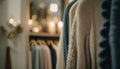 Blurred background of women\'s sweaters on hangers in dressing room