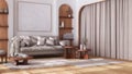 Blurred background, wooden living room in boho style with arched door and parquet floor. Fabric sofa, carpet, shelves and table. Royalty Free Stock Photo
