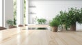 Blurred background with wooden table top and blur bokeh modern white kitchen interior Royalty Free Stock Photo