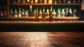 Blurred Bar Counter and Bottles Background on Empty Wooden Tabletop. created with Generative AI Royalty Free Stock Photo