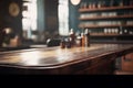 Blurred Barber Shop View with Wooden Table Background. Generative Ai