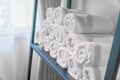 Blurred bathroom interior background and white spa towels on woo Royalty Free Stock Photo