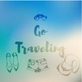 Blurred beach and ocean for treveling card, and summer background. Travel illustration. Hand drow sketch fashion closes elements