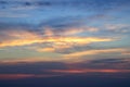 blurred beautiful multi-colored sky with clouds at sunset or sunrise. The sun`s rays color the clouds. Royalty Free Stock Photo