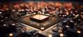 Blurred bokeh background with close up of computer chip circuitry and glowing components Royalty Free Stock Photo