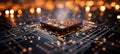 Blurred bokeh background with close up of glowing computer chip circuitry and components Royalty Free Stock Photo