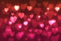 Blurred bokeh background with red hearts, lovers, wedding