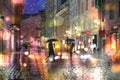 Blurred bokeh city light rainy windows  rain drops rainy street night people walking with umbrellas evening neon lantern reflectio Royalty Free Stock Photo