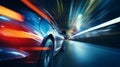 Blurred bokeh effect of car driving through tunnel with mesmerizing background lights Royalty Free Stock Photo