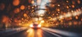 Blurred bokeh effect car driving through tunnel with mesmerizing lights in the background