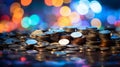 Blurred bokeh effect with coins, banknotes, and financial symbols in finance themed colors
