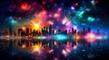 Blurred bokeh effect colorful fireworks display exploding in night sky with blurred city skyline Royalty Free Stock Photo