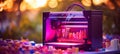 Blurred bokeh effect with 3d printer in action, creating intricate object with highlighted details