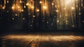 Blurred bokeh effect of elegant broadway theater stage with grand curtain and chandeliers