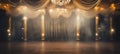 Blurred bokeh effect of elegant broadway theater stage with grand curtain and sparkling chandeliers