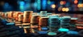 Blurred bokeh effect with finance themed coins, banknotes, and symbols in vibrant colors