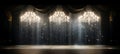 Blurred bokeh effect of a grand broadway stage with elegant curtain and sparkling chandeliers