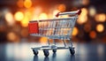 Blurred bokeh effect grocery filled cart in supermarket aisle with stunning bokeh background