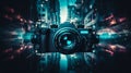 Blurred bokeh effect with innovative gadgets and futuristic tech concepts in vibrant color scheme