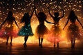 Blurred bokeh effect with vibrant stage lights and silhouettes energetic entertainment backdrop