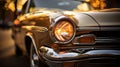 Blurred bokeh effect of vintage car headlights with beautiful sunset in the background Royalty Free Stock Photo