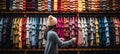 Blurred bokeh effect woman browsing clothing rack in department store with bokeh background.