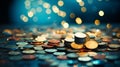 Blurred bokeh with finance themed coins, banknotes, and symbols in a vibrant color palette