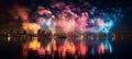 Blurred bokeh fireworks display with vibrant colors and shapes, city skyline blurred in background Royalty Free Stock Photo