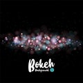 Blurred bokeh light on dark background. Holidays template. Abstract glitter defocused blinking stars, hearts and sparks, vector Royalty Free Stock Photo